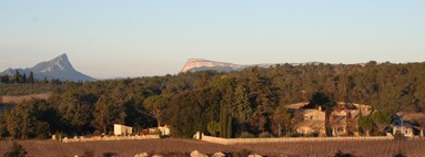 Vue panoramique du Mas avec Pic St Loup et Hortus au loin